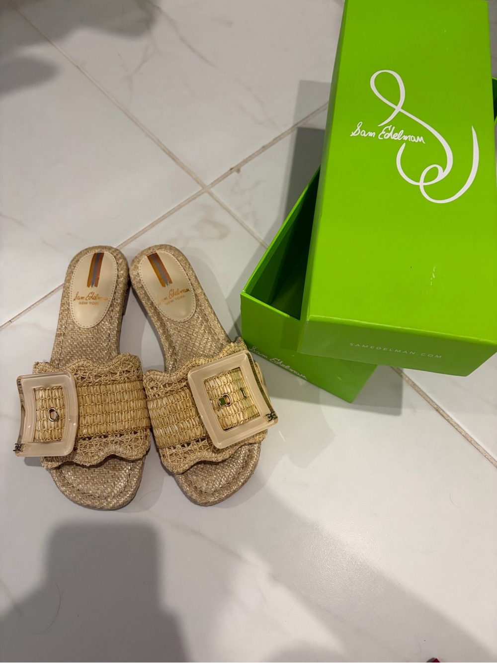 Sam Edelman Natural Beige Woven Buckle Slide Sandals